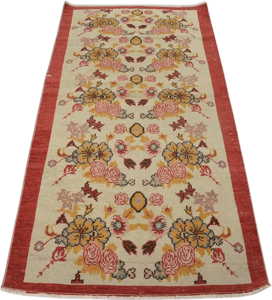Vintage Turkish Accent Rug, Floral Pattern, Red Border, 3x6ft, Handwoven Woolen Carpet, Elegant Home Decor, Unique Textural Design