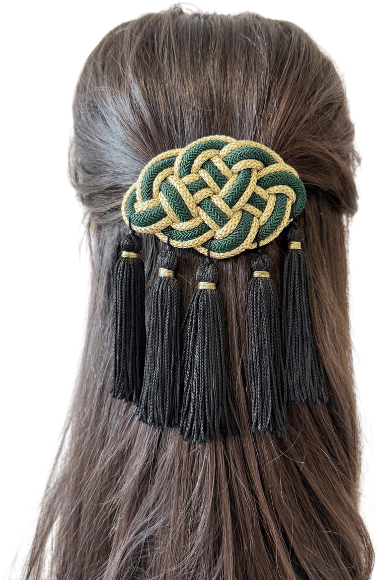 Green and Gold Tassel French Barrette