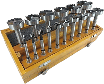 16 Piece Forstner Drill Bit Set with Bits from 1/4" to 2-1/8” by 1/8ths Hardened Carbon Steel in Wooden Storage Box 402005