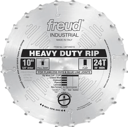 Freud Heavy-Duty Rip Saw Blade with Premium Tico Hi-Density Carbide Ripping Blend for Maximum Performance - 10" Diameter, 24 Teeth, 5/8" Arbor, .126" Kerf - LM72M010