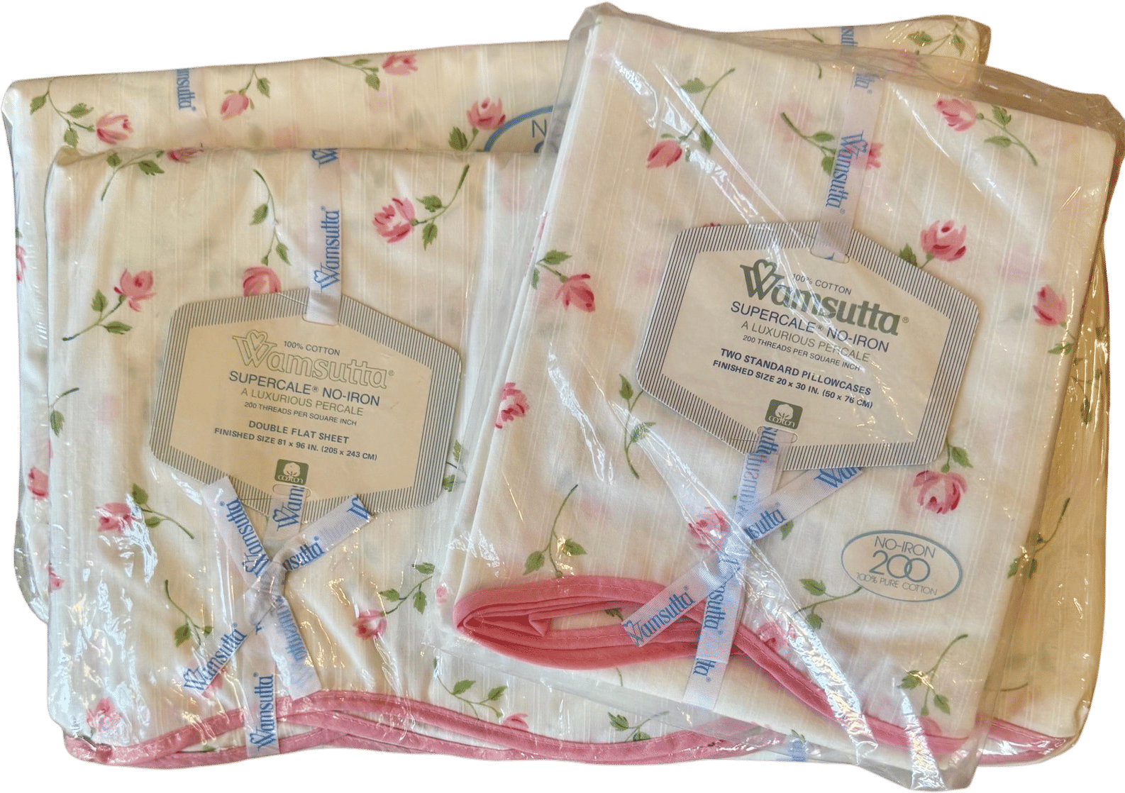 Vintage Full Sheet Set - Pink Roses - Wamsutta Supercale- All Cotton Luxurious Percale - New in Package - Full Flat Fitted Pillowcases