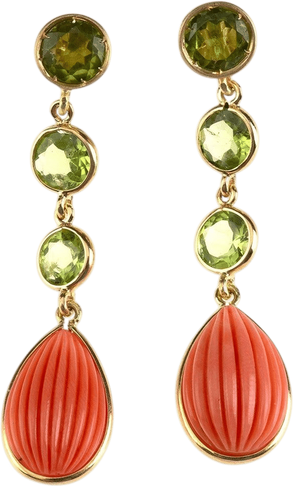 Coral Peridot 18 Karat Gold Earrings