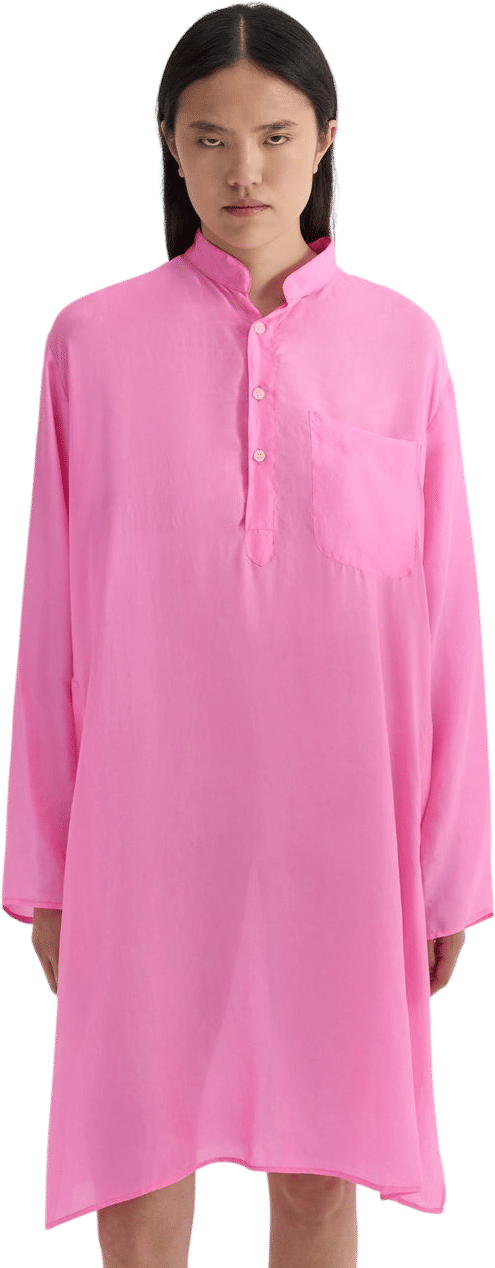 Pink Shirt Dress with Band Collar and Long Sleeves