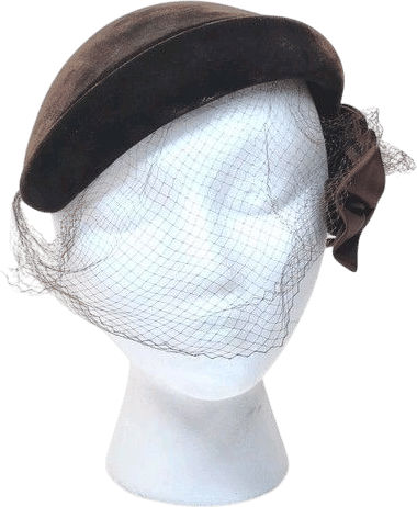 Vintage Bramson Brown Velour Satin Bow Hat with Veil