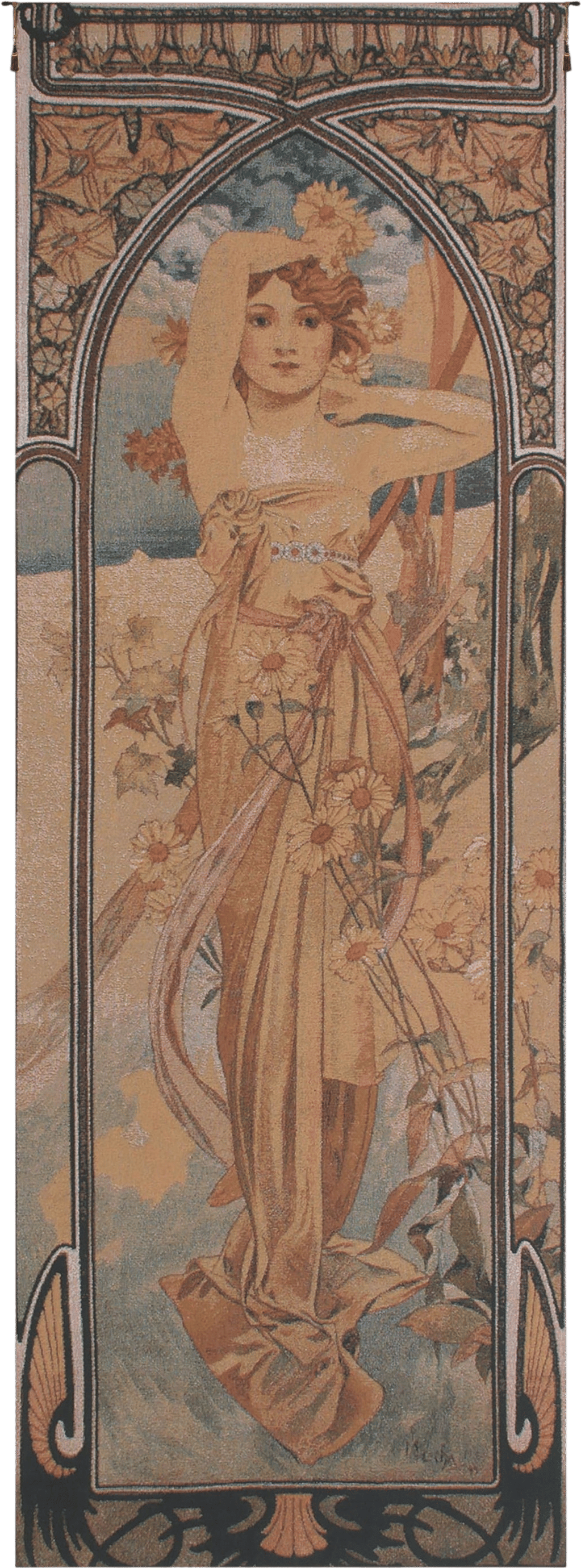 Mucha Jour European Woven Tapestry: Floral Art Nouveau Wall Hanging for Elegant Home Decor