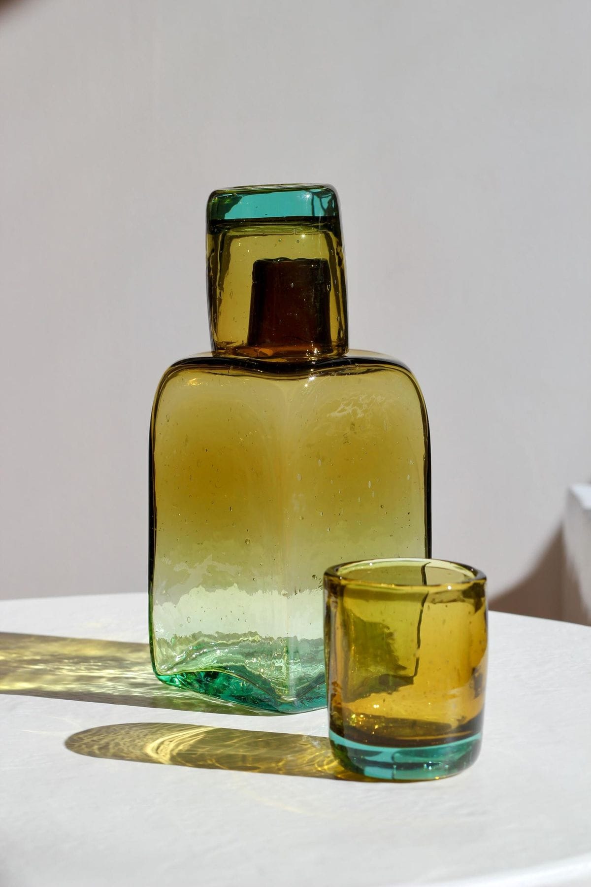Recycled Glass Bedside Carafe Set - Amber and Aqua