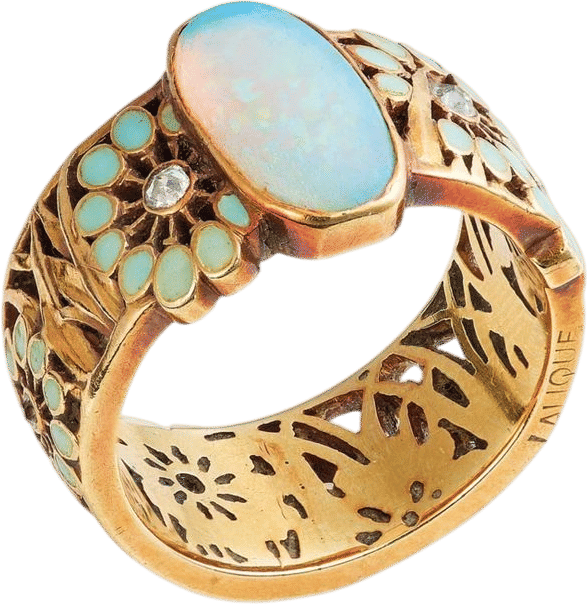 Art Nouveau Opal, Enamel and Diamond Band Ring