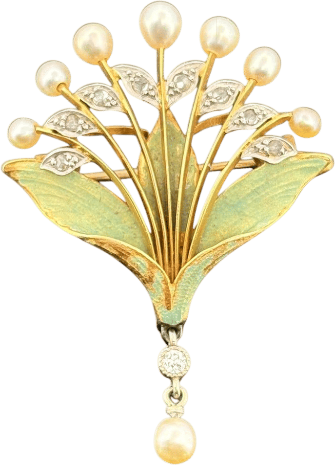 French Art Nouveau Diamond, Natural Pearl and Enamel Brooch