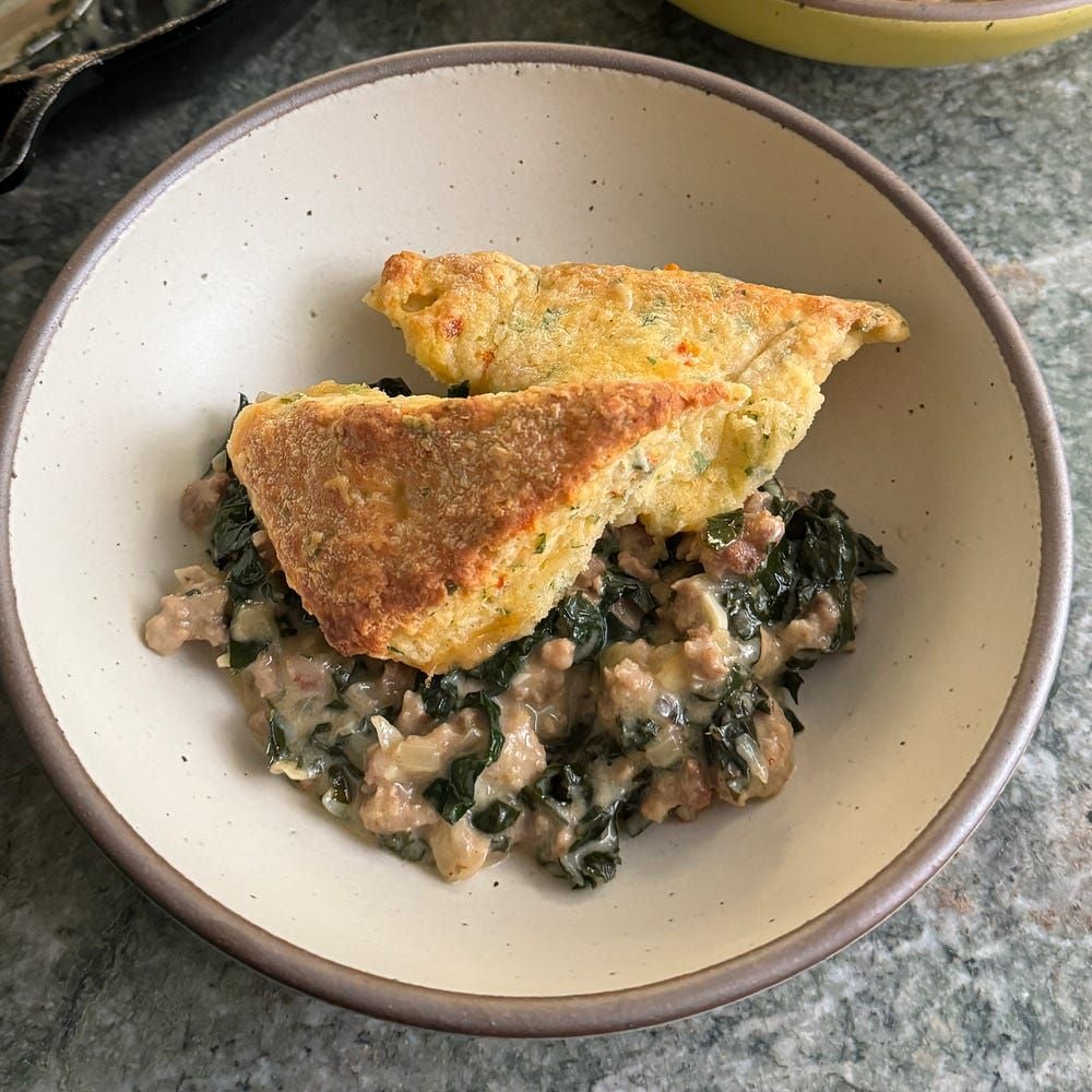 Sohla El-Waylly's Kale & Sausage Pot Pie with Chili Biscuits