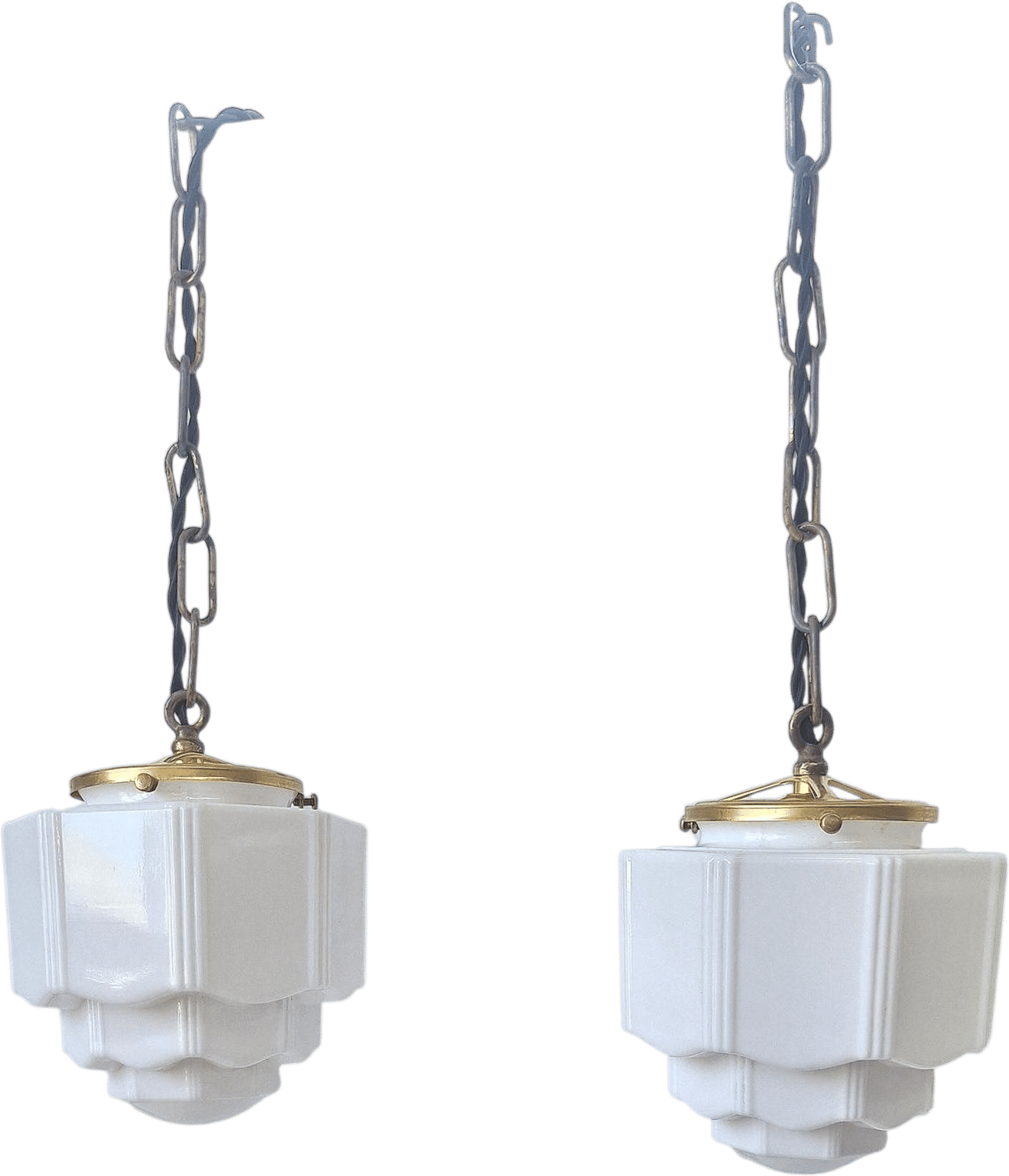 Pair Vintage Pendant Art Deco Lights, White Glass and Brass Lights, Kitchen Island Lighting, Architecture Salvage 053001