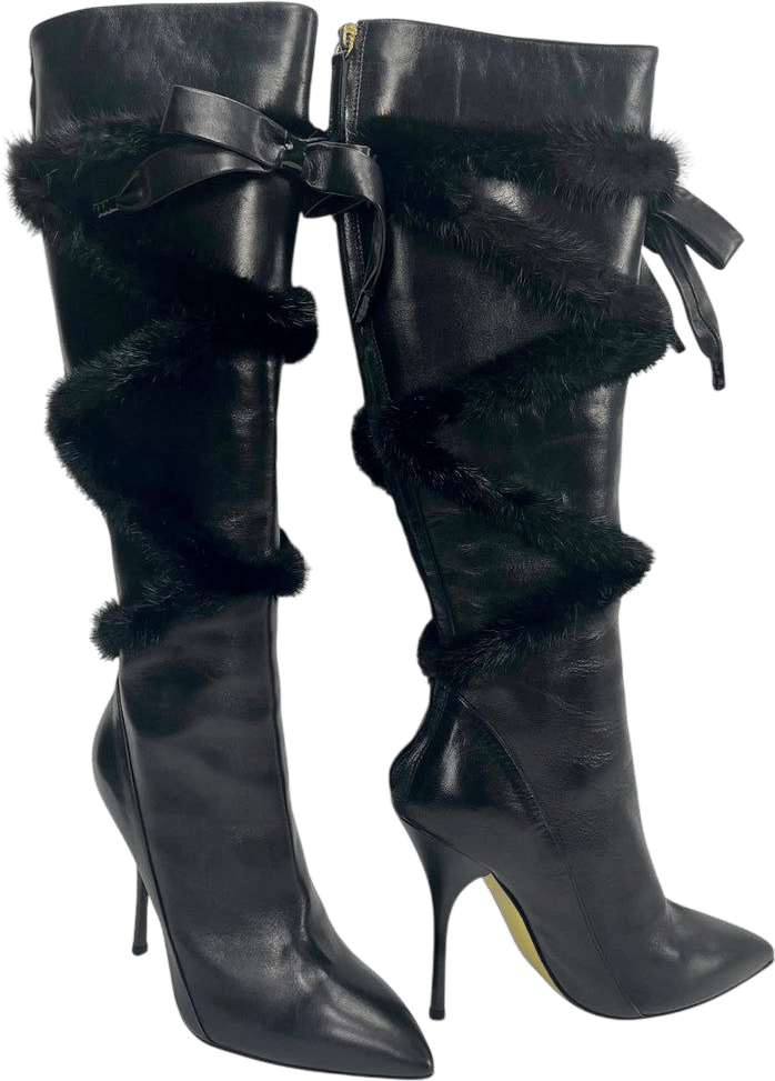 Vintage Roberto Cavalli Black Leather Knee High Boots with Mink Fur