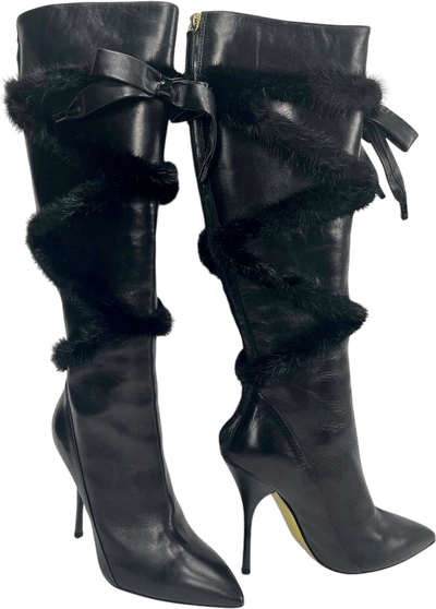 Vintage Black Leather Knee High Boots with Mink Fur