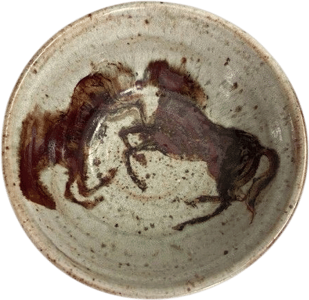 Rare hand Painted Pottery Bowl With a unique Design of 2 Horses 8”