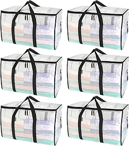 BALEINE 6-Pack Oversized Moving Bags with Reinforced Handles, Heavy-Duty Storage Tote for Clothes, Moving Supplies (Clear, 6-Pack)