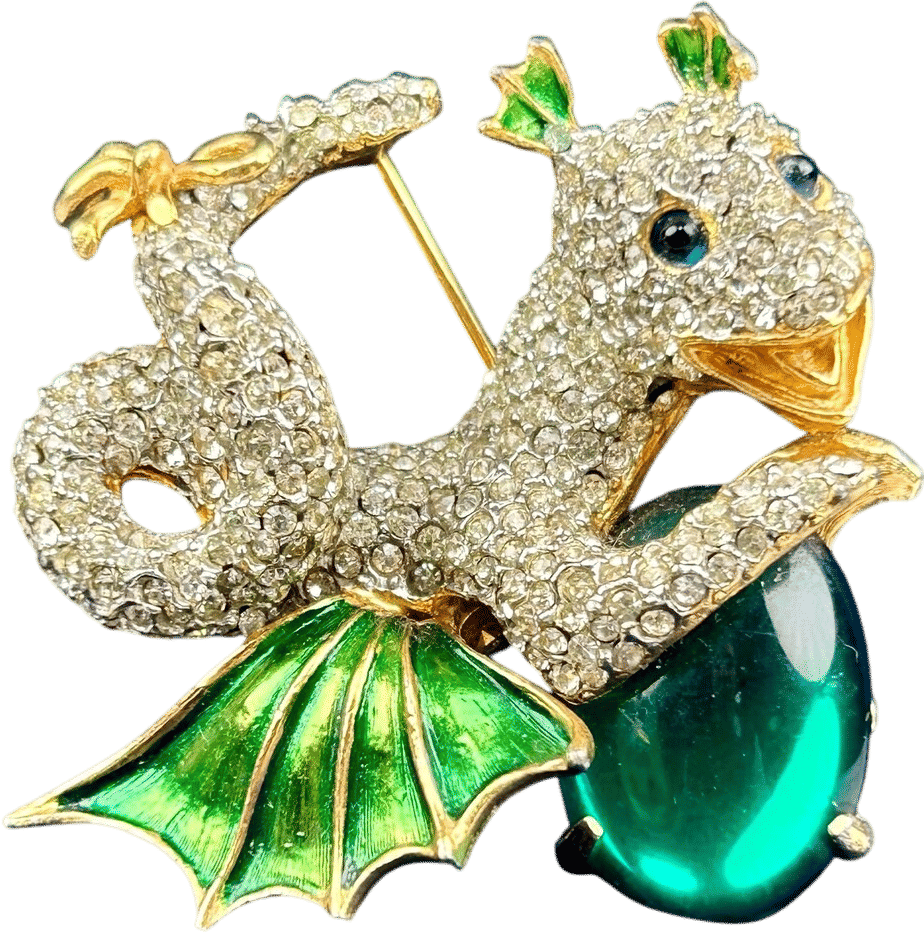 Pauline Rader Rare Gold Tone Rhinestone Dragon Clutching Green Glass Egg Brooch with Rhinestones and Green Accents KJL AS IS