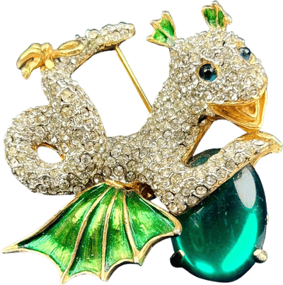 Pauline Rader Dragon Clutching Green Glass Egg Brooch