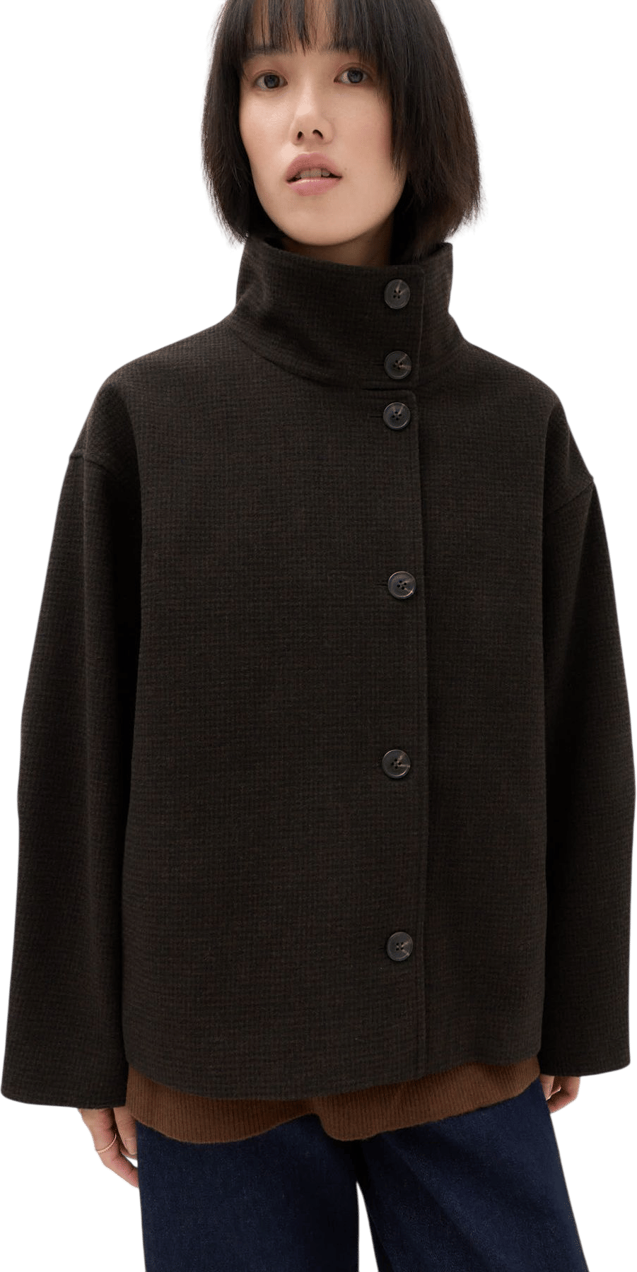 Checked Funnel Neck Short Coat with Wool