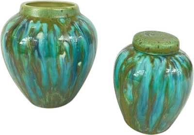 Vintage Blue Green Drip Glaze Pottery Vase & Ginger Jar Set
