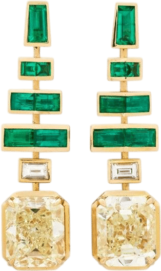 Gold, 6.29ctw Radiant Cut Fancy Light Yellow Diamond, Emerald and Diamond Earrings