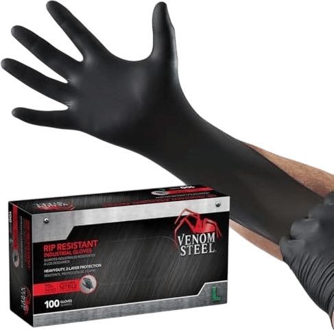 Venom Steel Industrial Nitrile Gloves, Chemical Resistant Disposable Black Gloves, Latex-Free, Powder-Free, Textured Grip, Heavy Duty Two-Layer Protection, 6 mil, Large, 100 Count
