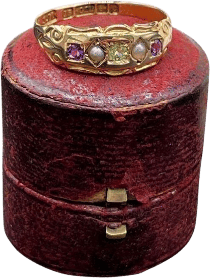Antique 15ct Gold, Amethyst, Pearl and Peridot Suffragette Ring (1902)