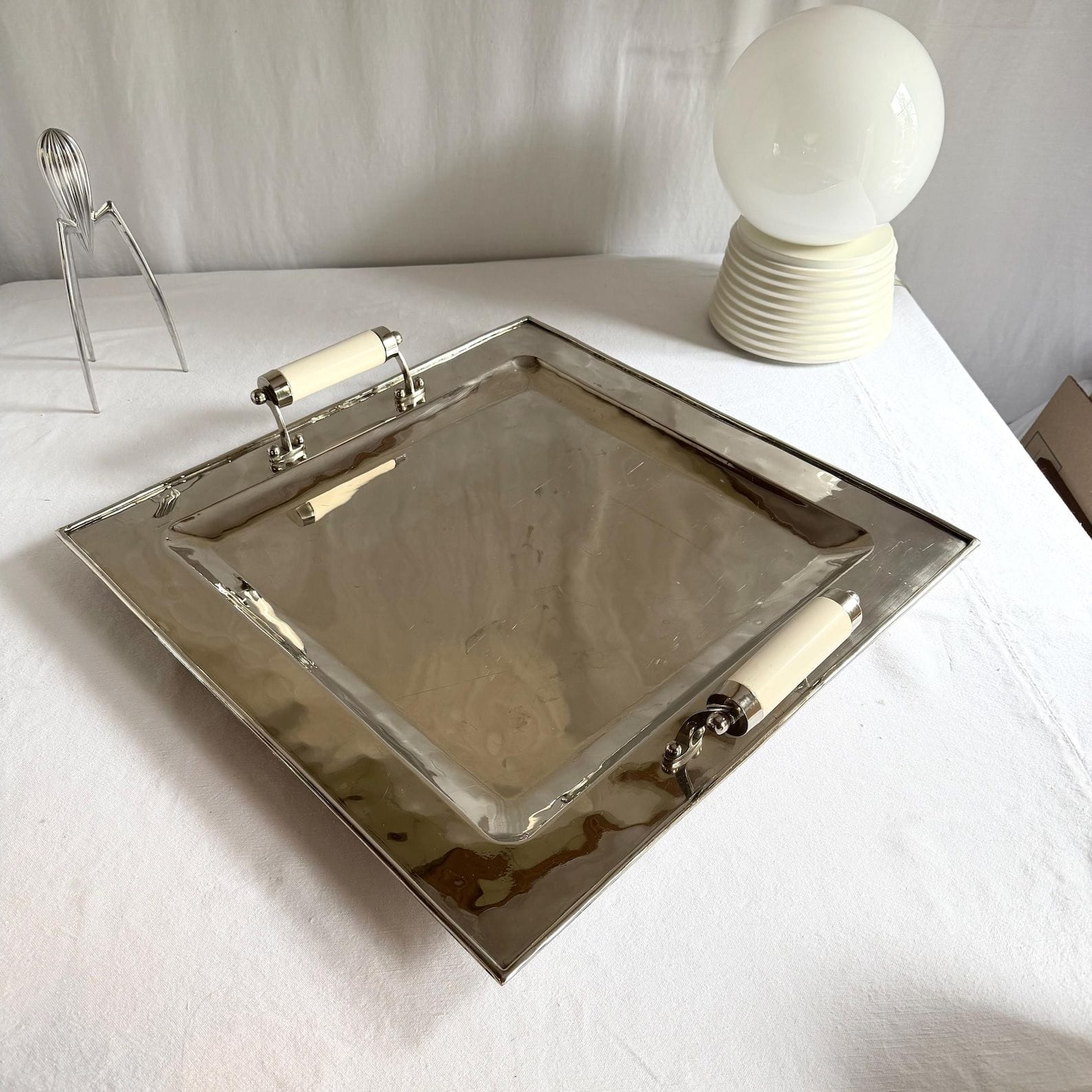 Vintage Silver-Tone Tray with White Handles