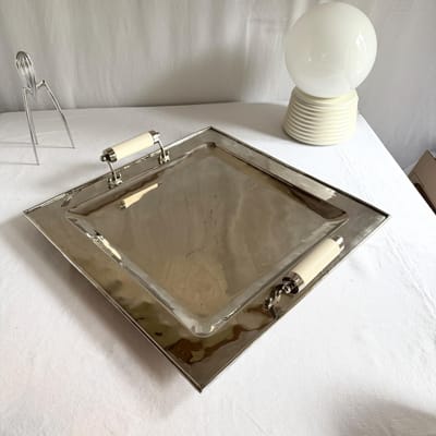 Vintage Silver-Tone Tray with White Handles