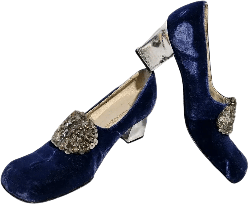 Vintage 1960s Blue Velvet and Silver Block Heels