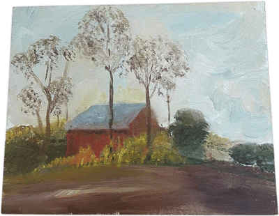 Vintage Original Impressionist Oil Painting Red Barn Landscape on Board 8x10
