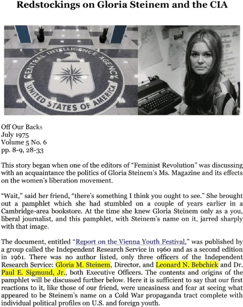 Redstockings On Gloria Steinem And The CIA