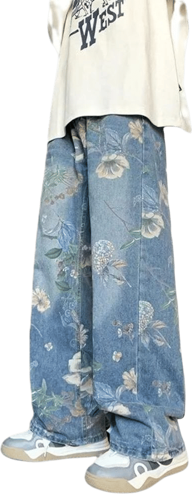 Floral Wide Leg Denim Pants: Vintage High Waisted Streetwear - Etsy