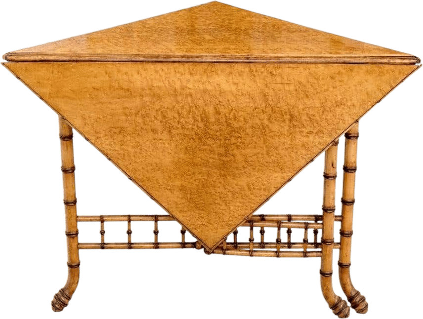 Antique Faux Bamboo and Birdseye Maple Triangular Drop Leaf Table