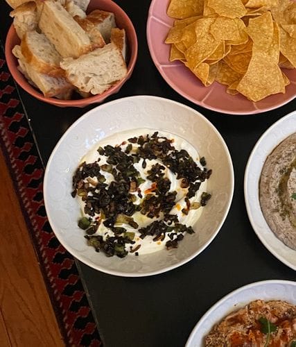 labneh w charred scallions + chili oil