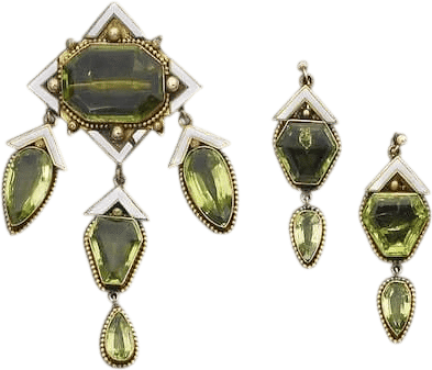 Peridot and Enamel Brooch and Earring Suite