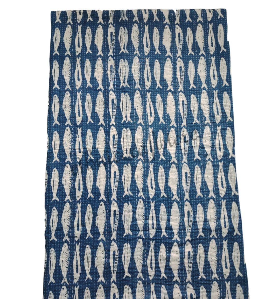 Indigo Fish Kantha Quilt