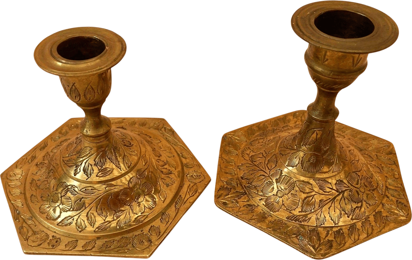Pair of Vintage Etched Brass Candle Holders (India)