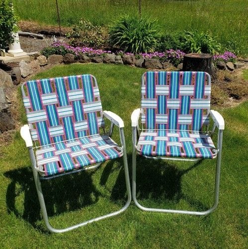 Lot of 2 Vintage Sunbeam Aluminum Folding Webbed Beach Camp Yard Deck Chairs