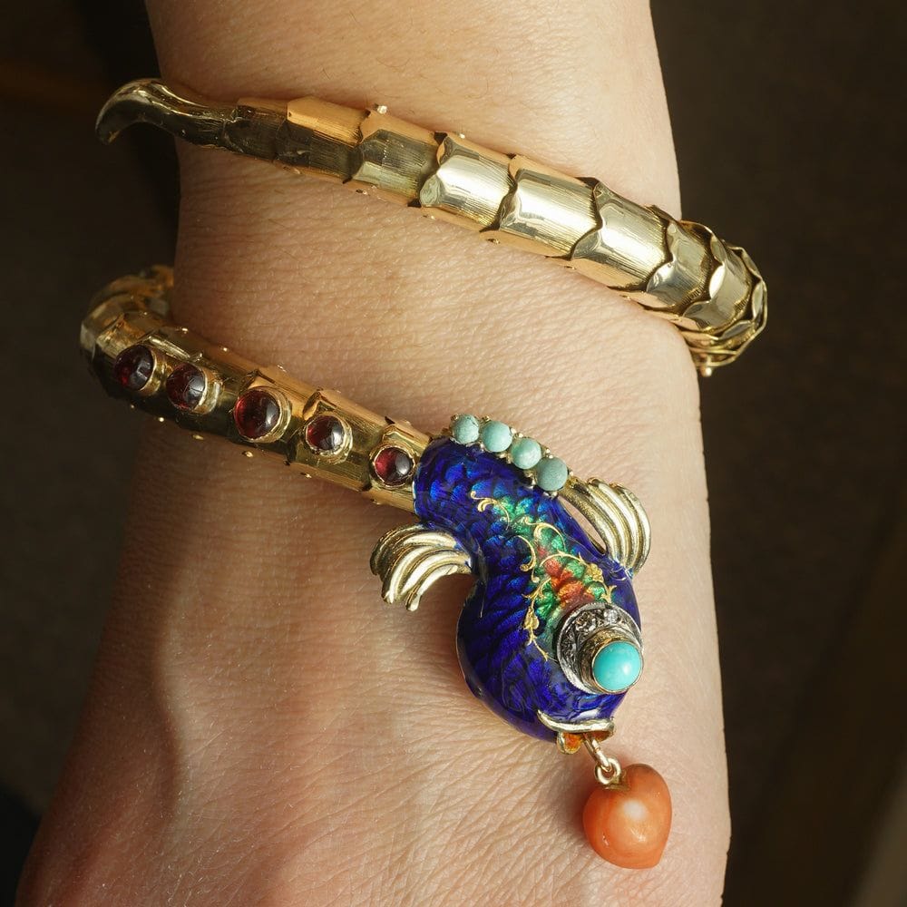 Vintage Enamel Fish Bracelet w/Diamonds in 14k Gold