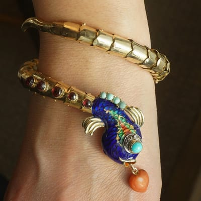 Vintage Enamel Fish Bracelet w/Diamonds in 14k Gold