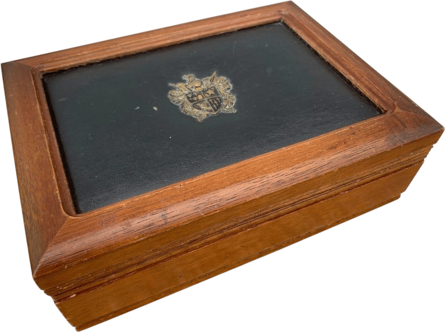 Midcentury Modern Wood and Leather Crest Jewelry Box