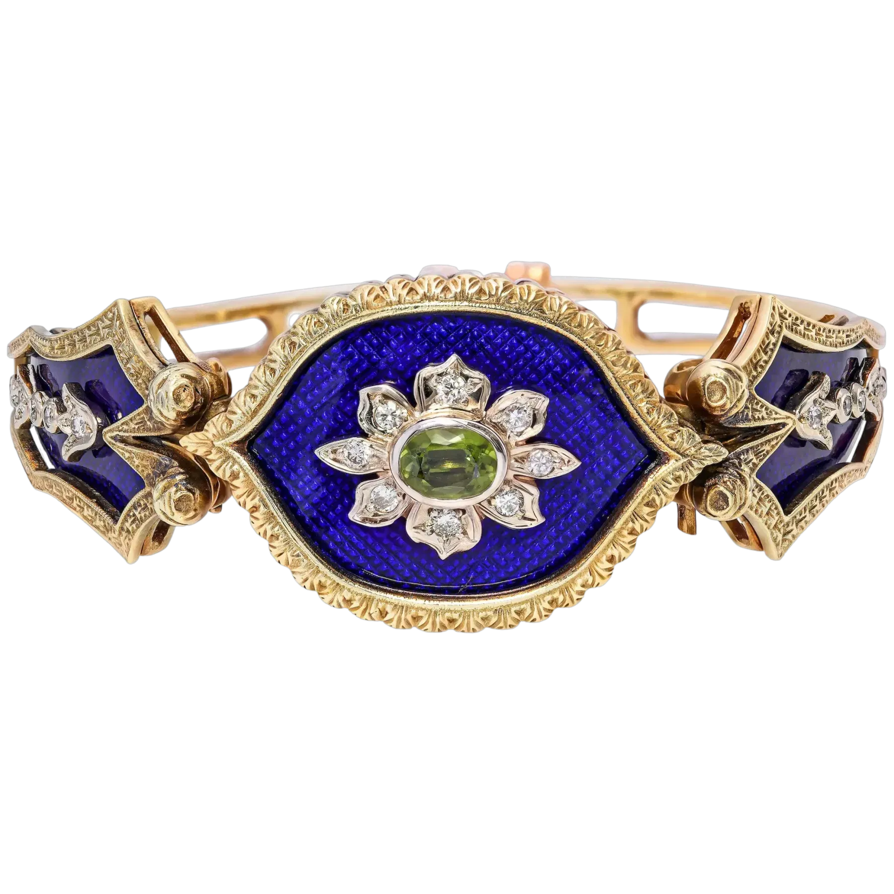 Antique Victorian Yellow Gold Guilloche Enamel Peridot & Diamond Bracelet