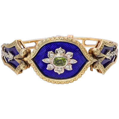 Antique Victorian Yellow Gold Guilloche Enamel Peridot & Diamond Bracelet