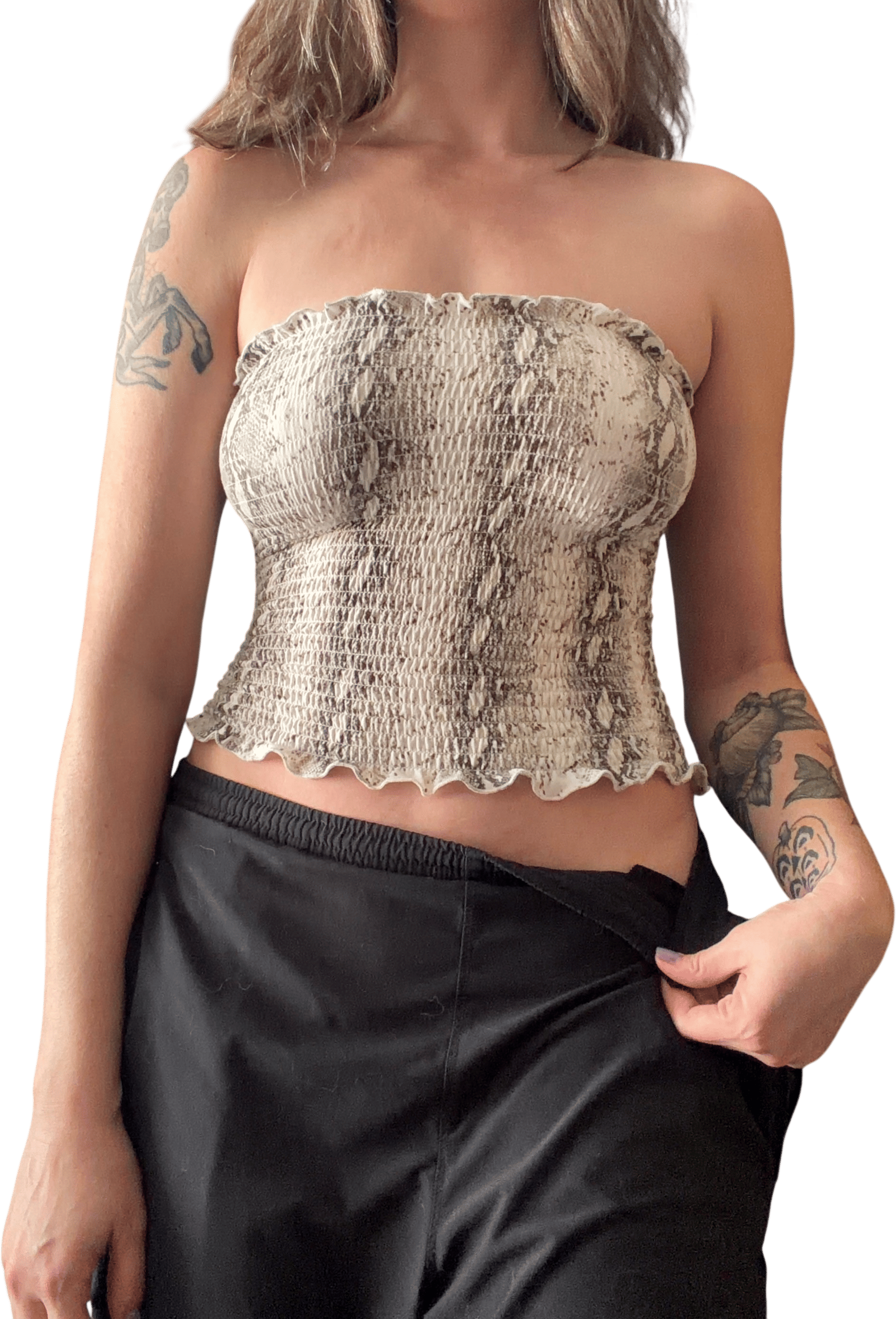 Shirred tube top in soft spandex fabric, paired with stretched out track pants