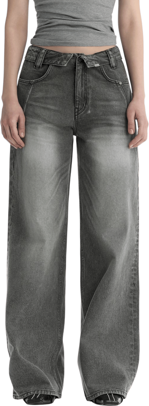 Folded Waistband Low-Rise Denim Pants
