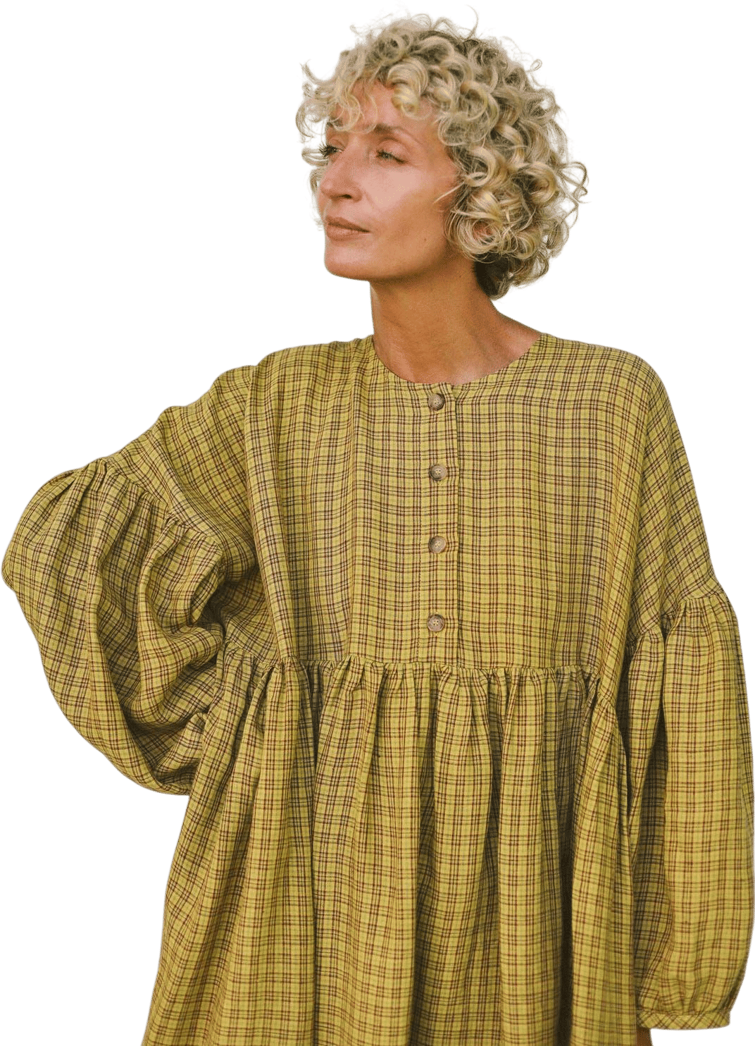Oversized Drop Shoulder Linen Dress GRETA in Mustard Yellow Checks