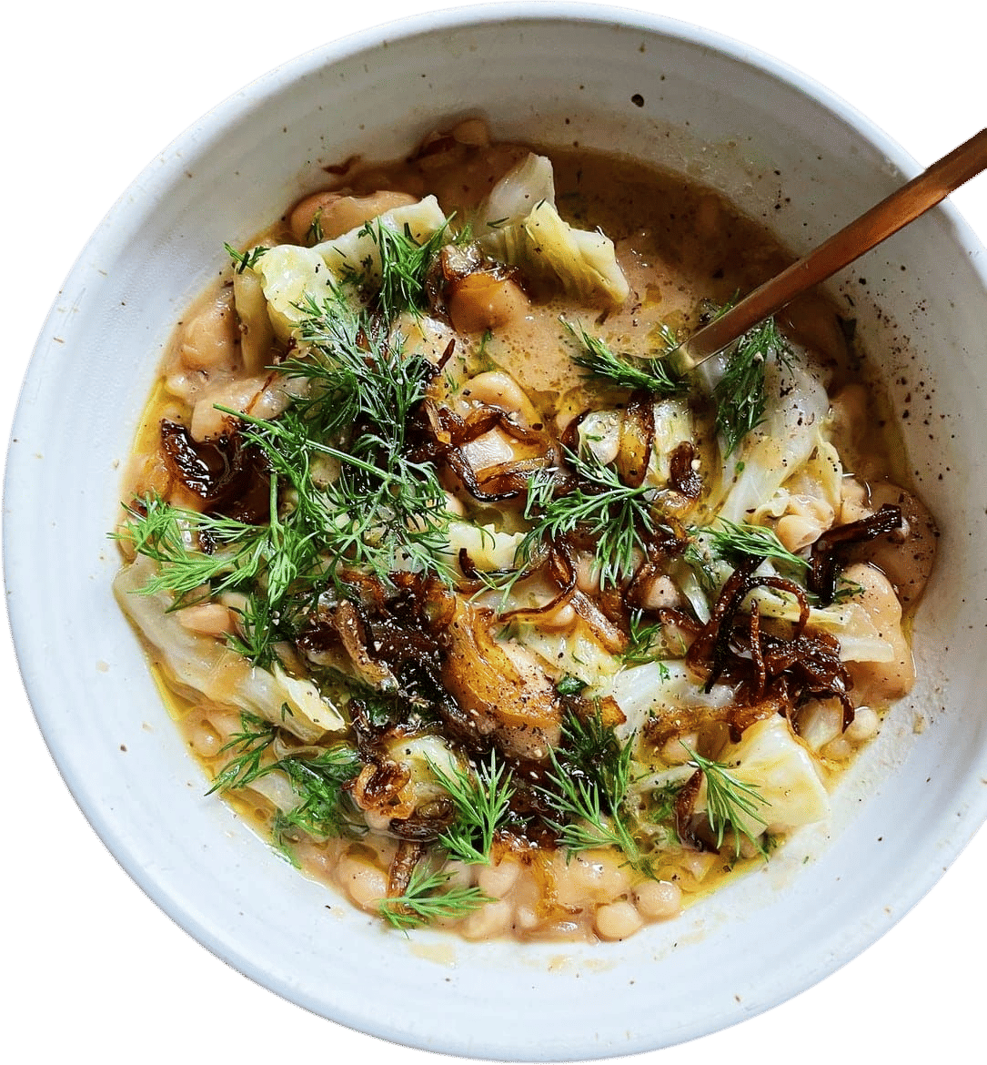 Dilly Bean Stew with Cabbage and Frizzled Onions