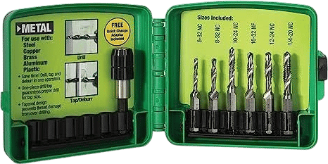 Greenlee DTAPKIT Drill/Tap Kit for Metal, One-Step Drilling, Tapping, and Deburring/Countersinking Set with Quick Change Adaptor, 6-32 to 1/4-20