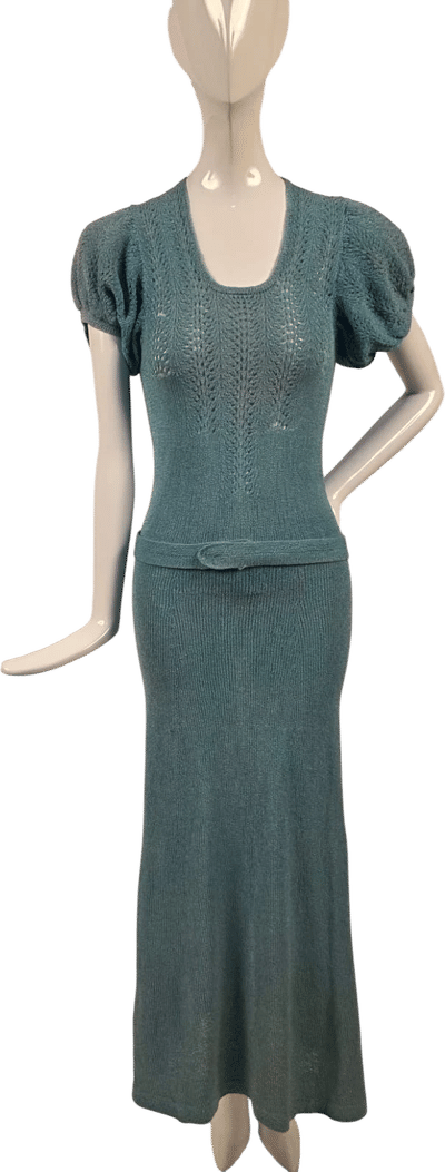 Vintage 1930s Long Hand Knit Dress with Lace Top