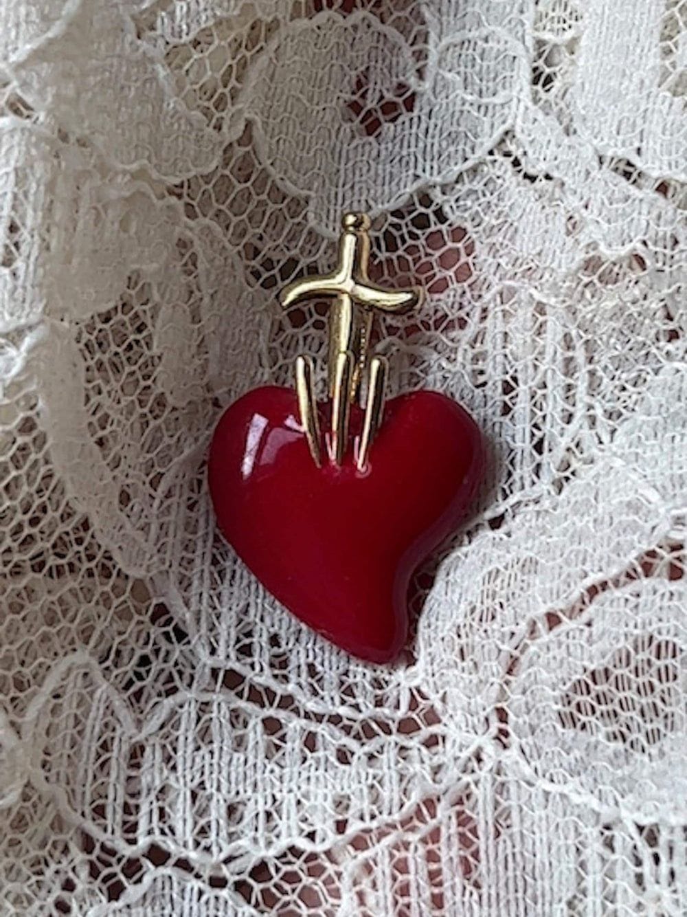 Vtg Italian Gold and Red Enamel Heart Pendant