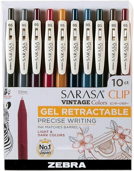 Zebra Pen Sarasa Clip Retractable Gel Pen, 0.5mm Fine Point, Light and Dark Assorted Vintage Ink Colors, Water Based, Ideal for Office and School, Journal, Note Taking and Planner Use, 10-Pack (47510)